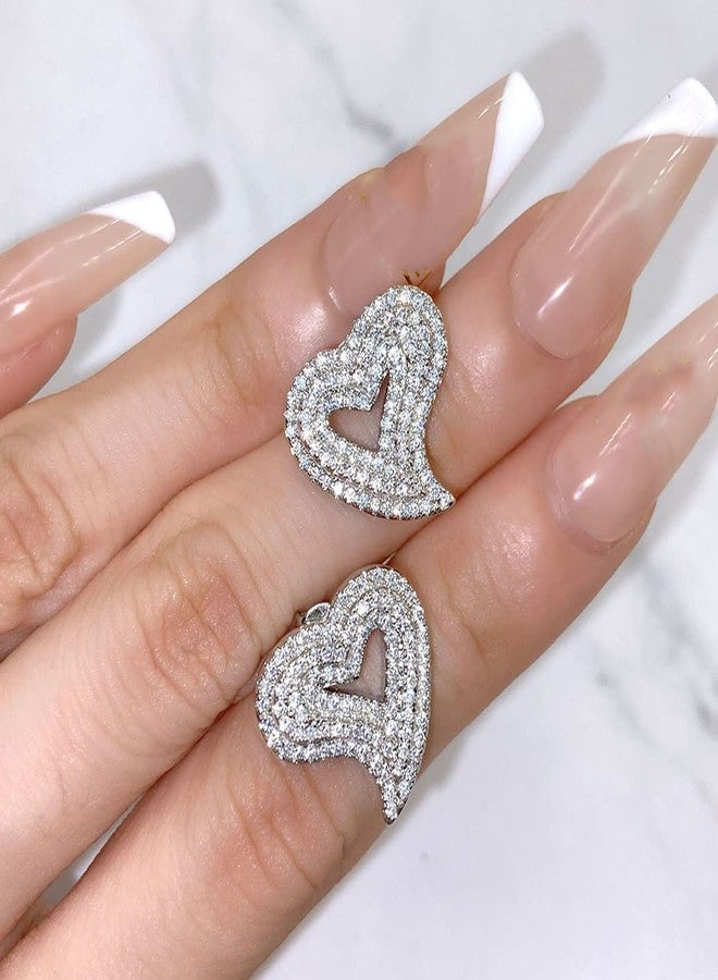 Jacruces Silver Heart Earrings Stud Earrings for Women White Gold Plated Trendy Cubic Zirconia Bling Jewelry Valentines Day Earrings Mothers Day Gifts Hip Hop Jewelry - Image 2